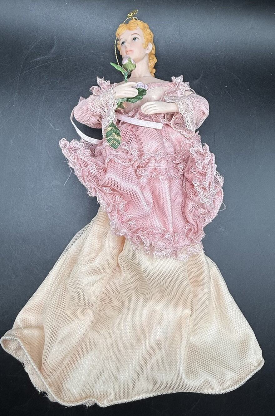 Vintage 1980s Pink Victorian Style Lady Ornament Or Tree Topper 10” -LO34